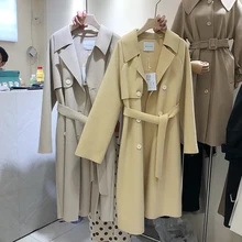 Осеннее и зимнее Новое одноцветное двубортное кашемировое шерстяное пальто, женское Свободное длинное пальто, шерстяной Тренч для отдыха