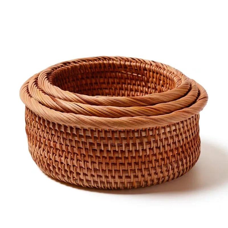 

Hand-woven Basket Circular Practical Simple Retro Rattan Storage Boxes with lids Jewelry Tea set Storage Boxes Household items