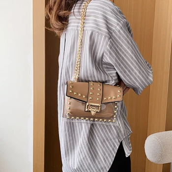 

Jin Mantang Rivet Square Crossbody Bag 2020 Summer New High quality PVC Women's Designer Handbag Lock Chain Messenger Bag