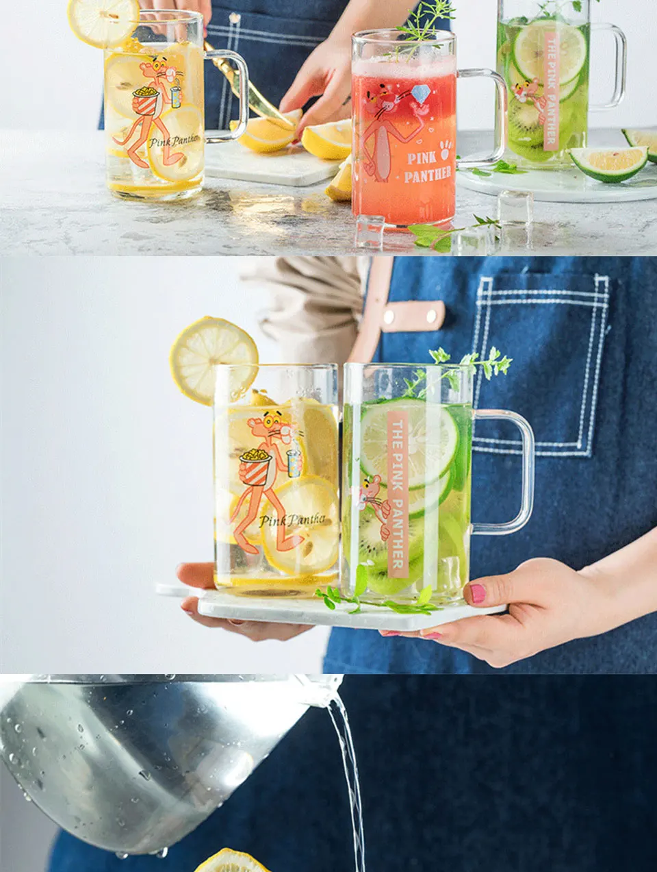 700ml Water Bottle 600ml Pink Panther Handmade Heat Resistance Clear Glass Coffee Mug Tea Milk Juice Cup Water Beer Drinkware