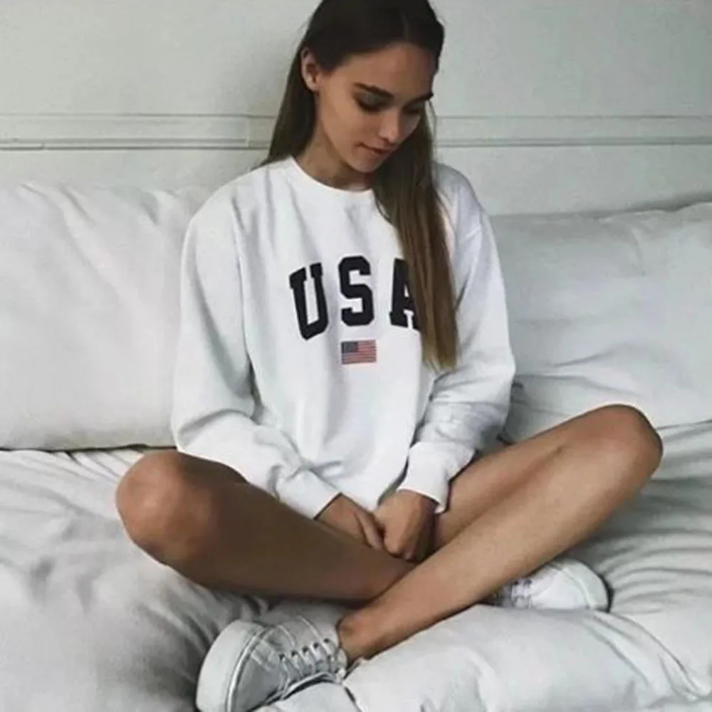 USA Letter Print New Women Fashion Sweatshirt Sport Long Sleeve Harajuku Jumper Pullover White O-Neck Fluffy Casual Loose Top#Y3