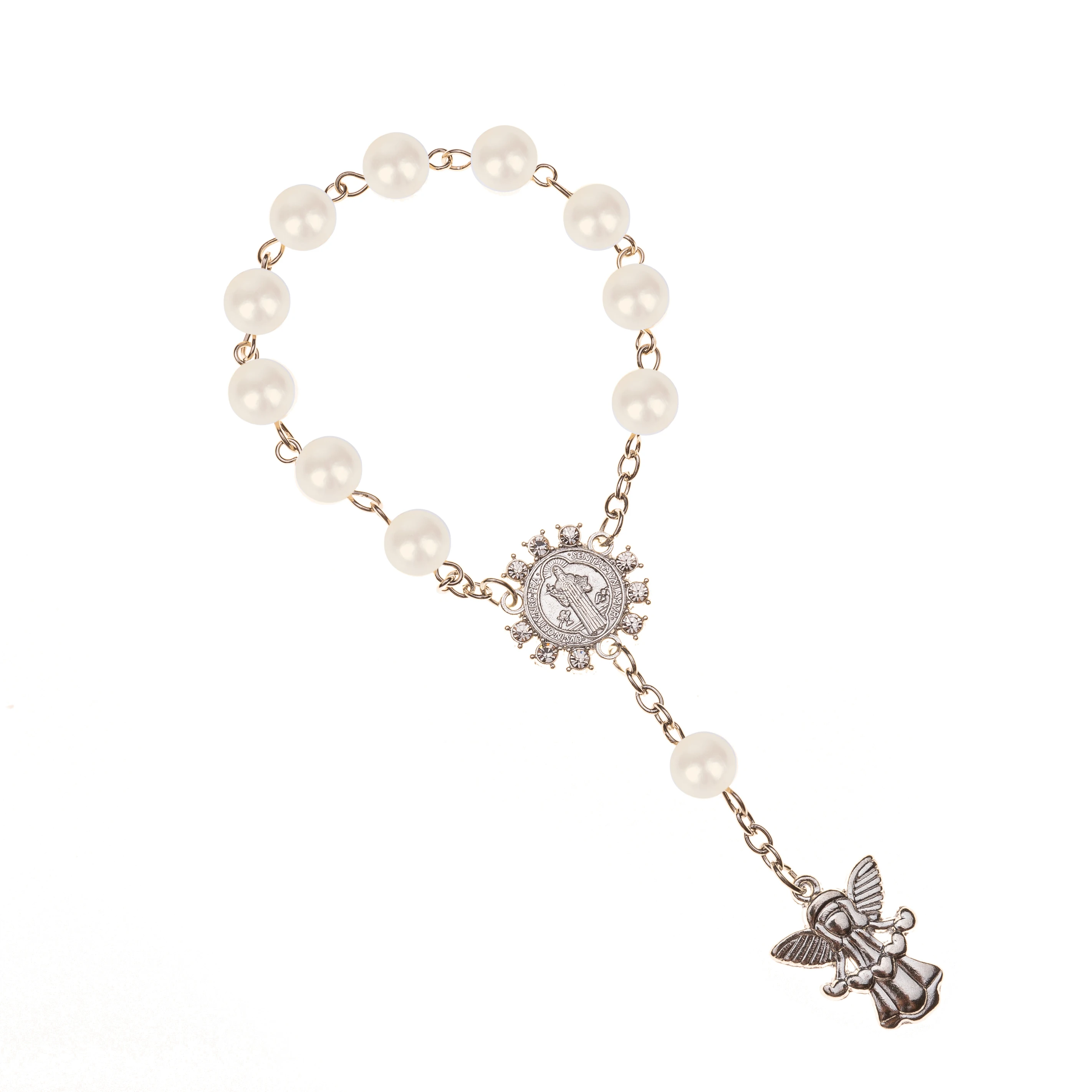 Pearl bracelet 10pcs, imitation pearl beads, Catholic rosary with angel wings pendants