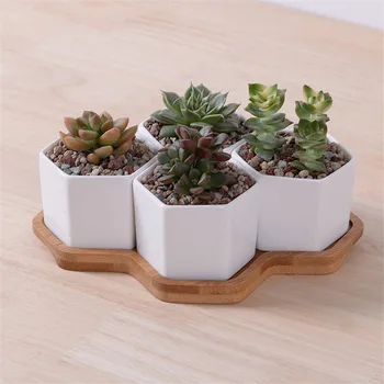 

4pcs Hexagon Flowerpots White Ceramic Succulent Plant Pot with Bamboo Stand Small Bonsai Pots Green Planters Home Decor