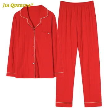 

New Soft Turn Down Collar Homesuit Homeclothes Sleepwear 100% Cotton Long Sleeve Long Pants Woman Pijama Set Front Pocket