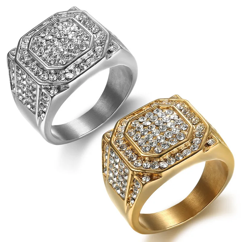 

US 7 to 13 size Hiphop Silver Rhinestone Iced Out Bling Big Square Ring IP Gold Filled 316 Stainless Steel Ring for Men R016