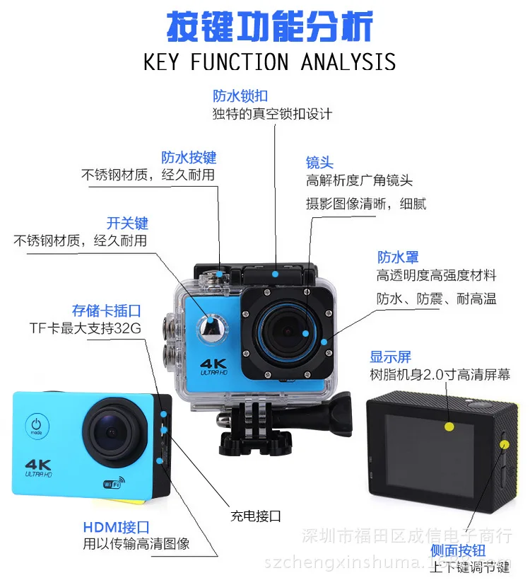 Камера Actioncamera Ultra HD 4K WiFi 1080 P/60fps 2,0 lcd 170D объектив шлем Водонепроницаемая pro sportscamera