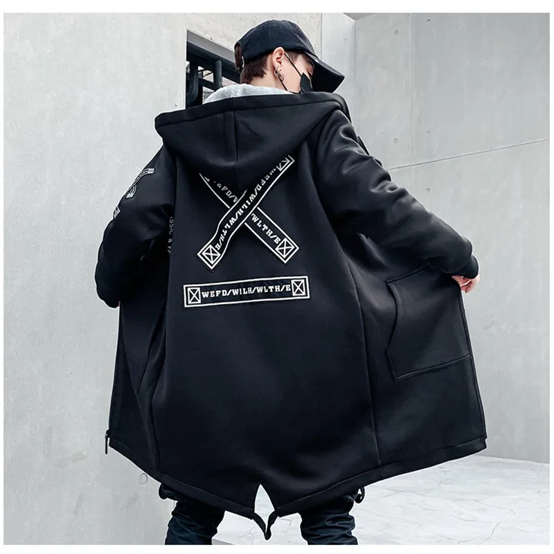 Winter Slim Long Trench Coat Men Letter Print Military Style Hooded Overcoat Black Hip Hop Streetwear Autumn Korean Mens Jacket Winter Slim Long Trench Coat Men Letter Print Military Style Hooded Overcoat Black Hip Hop Streetwear Autumn Korean Mens Jacket
