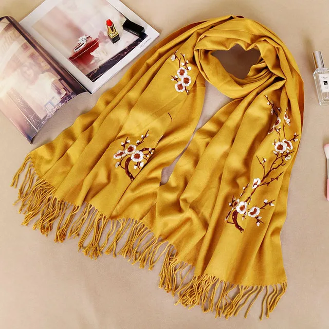 Women Solid both ends Embroider Shawls Autumn Winter New Ladys Pashmina Cashmere Thickening Edging Long Scarf Warp Gift - Цвет: yellow