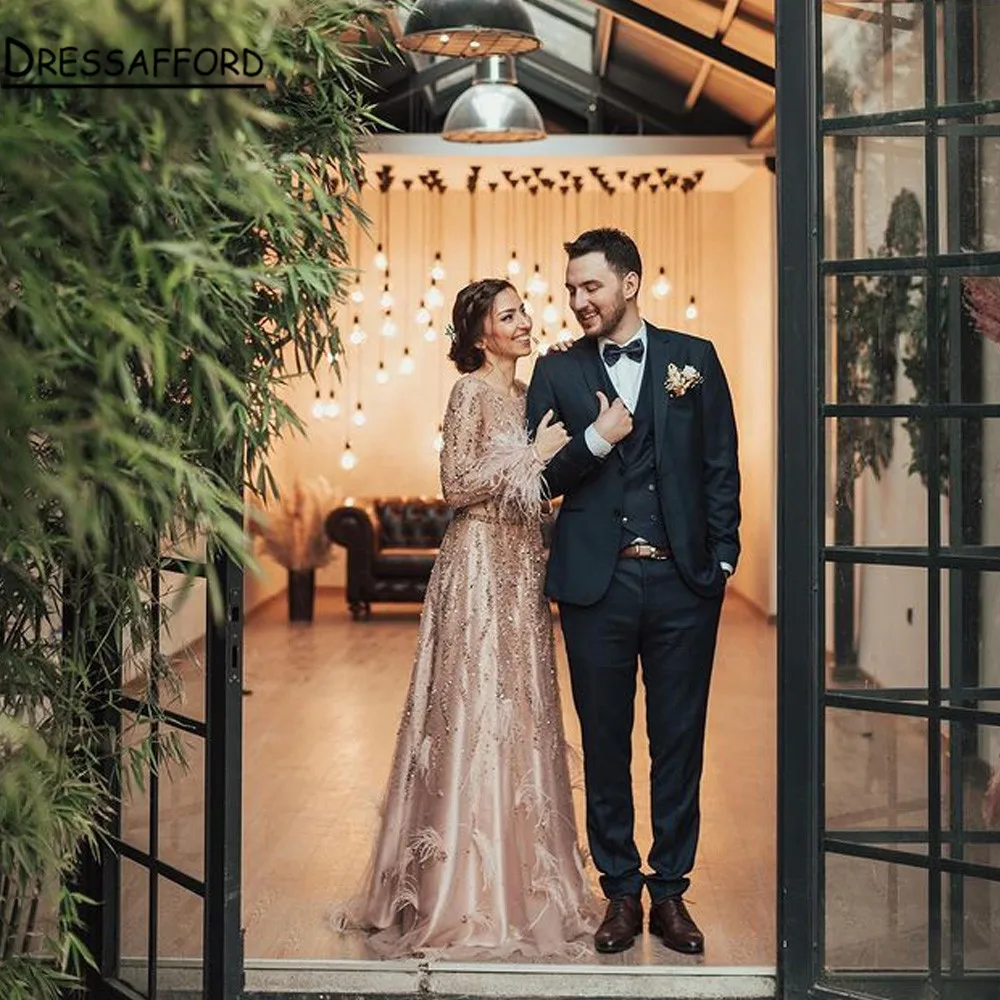 Pink Dubai Design Lace Beaded Feathers Evening Dresses A-Line Long Sleeves Luxury Formal Dress | Свадьбы и торжества