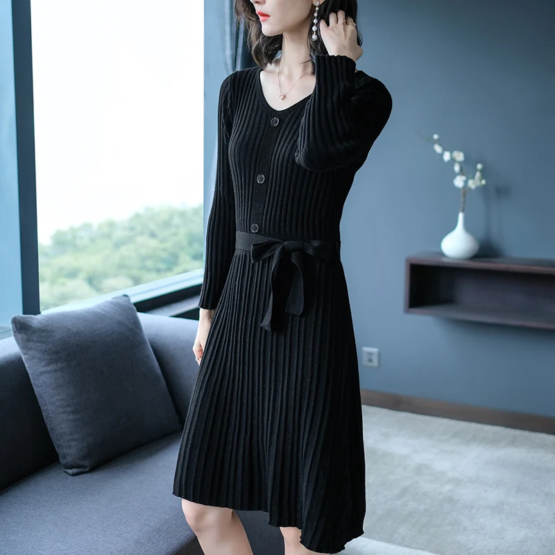 Женское вязаное шерстяное платье свитер однотонное модное высокоэластичное