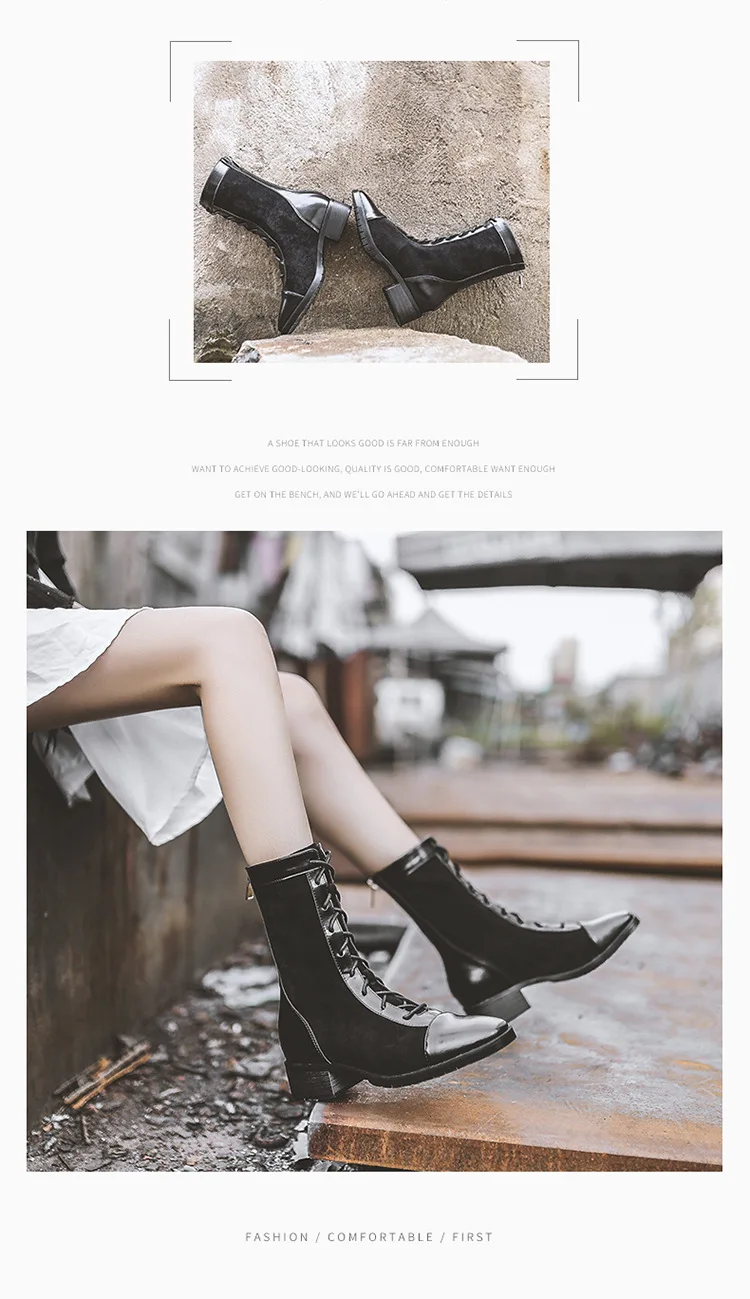 British Motorcycle mid-calf botines block heels women cross-tied plush martin riding boots back zipper brand short bottes femme