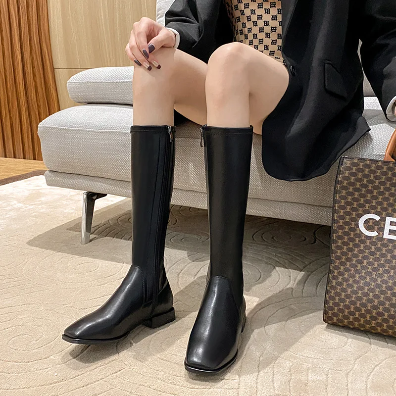 

2020 Autumn Winter Long Women Martins Boots Mid Calf Slim Stretch Squeare Toe Patent Leather Low Zip High Shoes Platform Warm