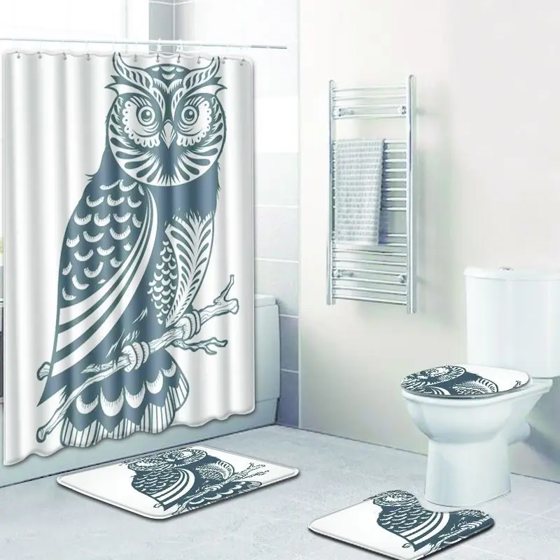 

4PCS/ Animal Owl Print Shower Curtain Simple Fashion Solid Waterproof Toilet Cover Anti-slip Bath Mat Carpet Hooks Home Decor