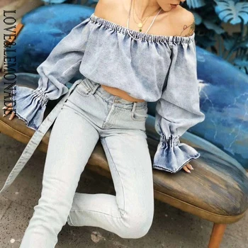 

LOVE & LEMONADE Sexy Collar Puff Sleeve Ruffled Washed Denim Top LM90211