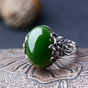 

Xinjiang jade ring 925 silver set 13mmx18mm bare stone ring face and Tianyu spinach green female ring