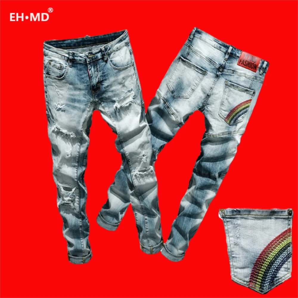 EH · MD®Рваные джинсы с царапинами мужские вышитые радужные карманы мягкие