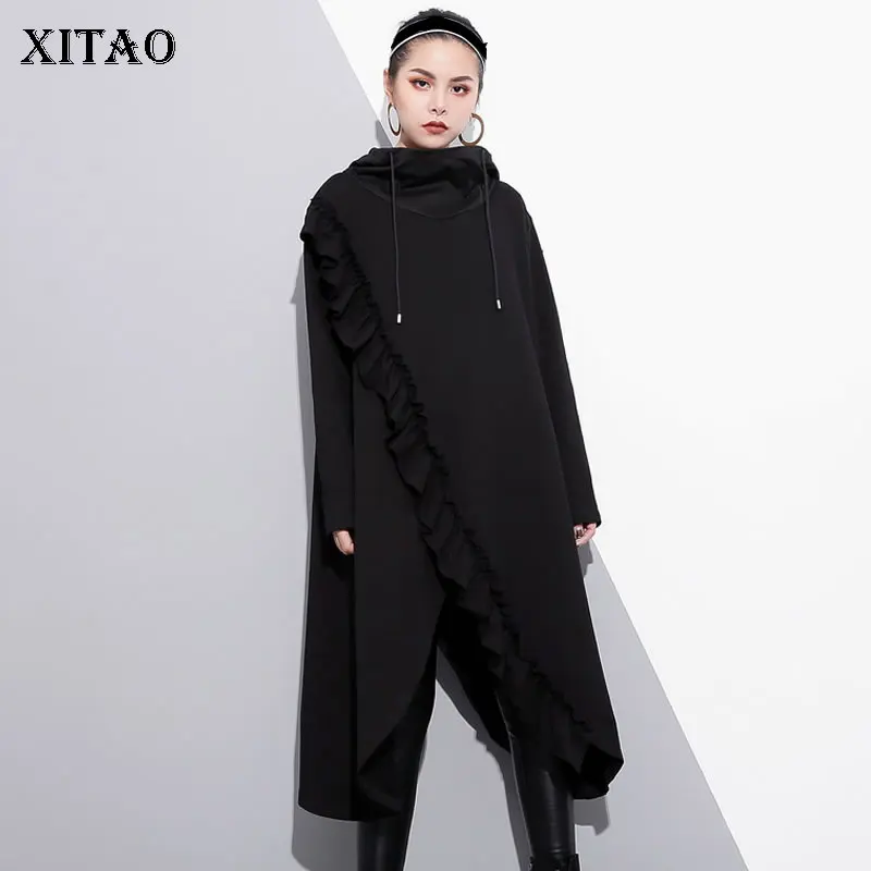 XITAO гофрированное платье с высокой талией женское корейское Модное Новое осеннее необычное повседневное свободное платье с капюшоном и воротником WBB1557