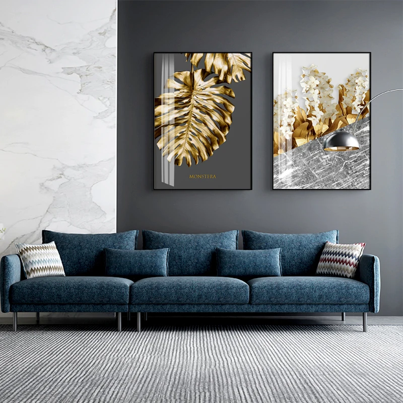 Nordic-Golden-abstract-leaf-flower-Wall-Art-Canvas-Painting-Black-white-feathers-Poster-Print-Wall-Picture (1)