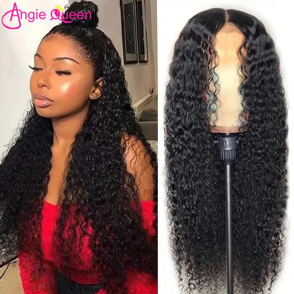 Kinky Curly Wave Lace Frontal Wigs ANGIE QUEEN 100% Human Hair Wigs 4X4 Lace Closure Natural Hairline 180% Density Remy Hair Wig