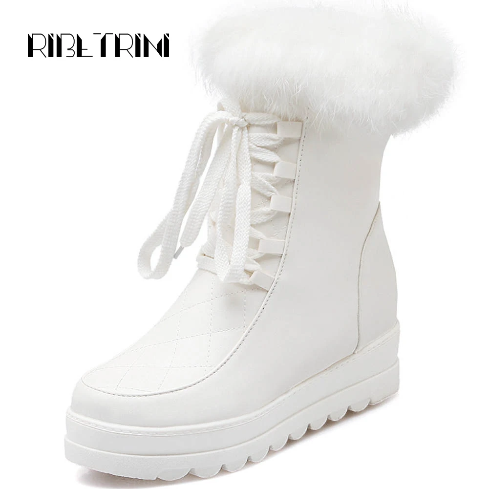 

RIBETRINI Snow Boots Women US Designer Hidden Low Wedge Heels Round Toe Platform Winter Fur Shoes Woman Side Zip Mid Calf Boots