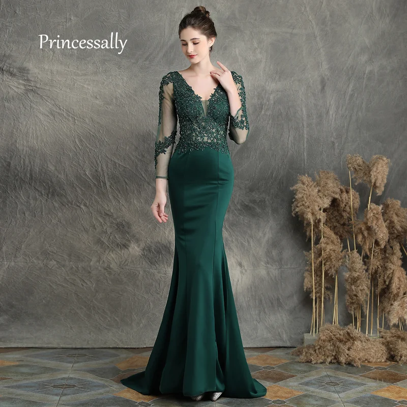 

New Satin Green Mermaid Long Evening Dress For Wedding Prom Party Long Sleeve Bestido De fiesta Noche Vestido De Lujo Real Price