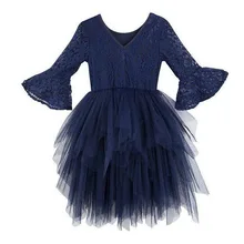 Wholesale Flare Sleeve Flower Girl Dress Soft Gauze Lace Princess Tulle Dress for Wedding Party Baby Clothes 2-8Y E8164