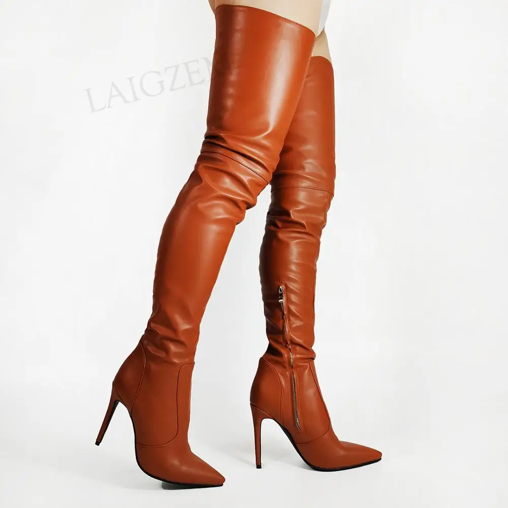 

SEIIHEM Faux Leather Women Thigh High Boots Slim Heels Side Zip Over Knee Boots Basic Winter Shoes Woman Large Size 36 43 44 47
