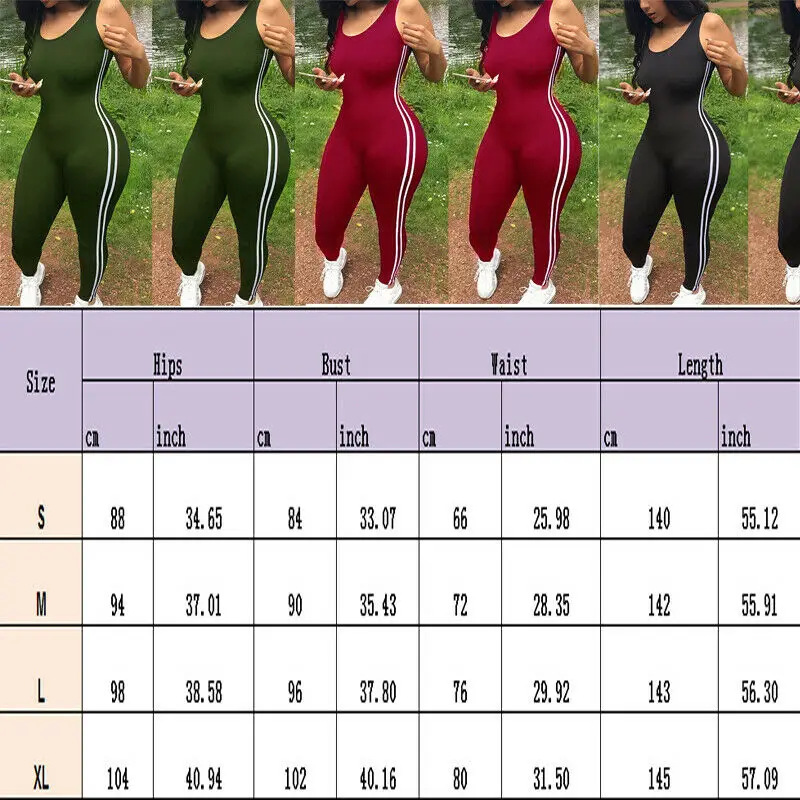 Women Jumpsuit Romper Bodycon Playsuit Clubwear Long Trousers Party Sleeveless Side Stripe Rompers Womens Jumpsuits