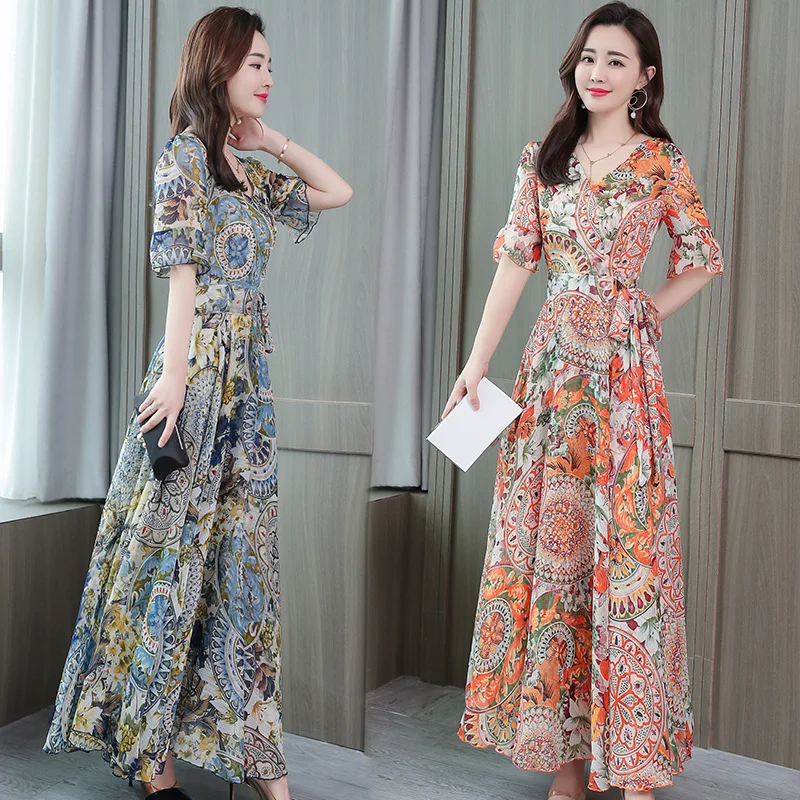 

2019 Spring Summer New Style Korean-style Large Size Belly Covering Waist Hugging Slimming Dress Mid-length Middle-aged nv zhuan