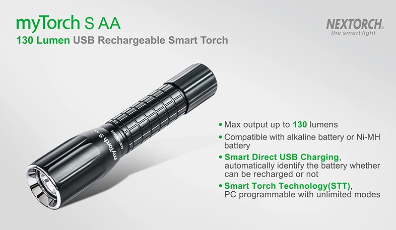 NEXTORCH myTorch S AA легкий USB Перезаряжаемый EDC фонарик 130 люмен для кемпинга, рыбалки, бега