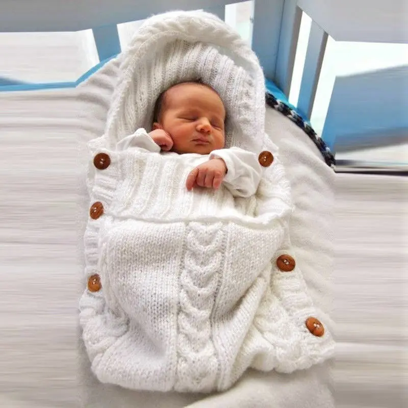 Infant Baby Boy Girl Blanket Knitted Crochet Swaddle Wrap Sleeping Bags Winter Warm Hooded Sleeping Bags for Toddlers