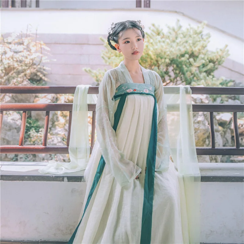 

2019 Green Chinese Traditional Hanfu Women Top Dynastie Tang Improved Han Element Skirt Vintage Costume White Clothe In Stock