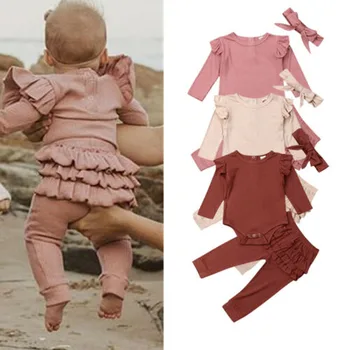 

Pudcoco US Stock 3PCS Newborn Baby Girl Clothes Long Sleeve Solid Knitting Romper Top Ruffle Long Pants Trousers Headband Set