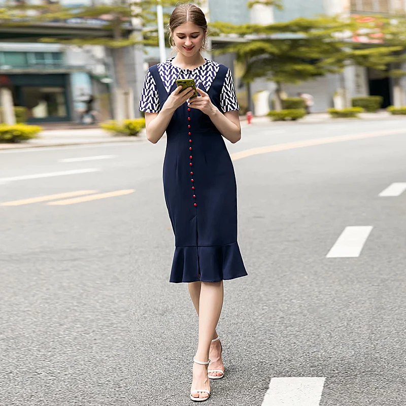 

High Quality Spring Summer New Women'S Fashion Party Casual Office Vintage Elegant Chic Printing Stitching Button Mermaid Dress