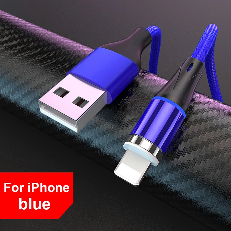 Blue For iPhone ROCK 5A Магнитный кабель Micro Usb type C супер быстрая зарядка телефона Usb C светодиодный светильник для iPhone Xiaomi huawei Android Phone 1 м 2 м - Цвет: Blue For iPhone