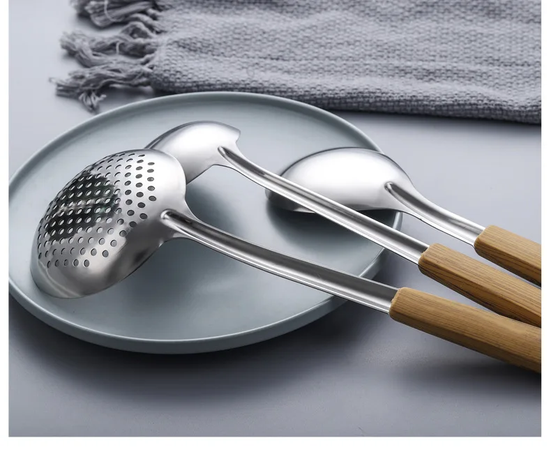Деревянная ручка, нержавеющая сталь, горшок, шпатель, щелевая ложка, изолированная кухонная утварь, кухонный набор для приготовления пищи