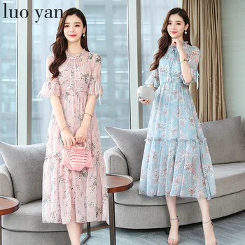 

2020 Vintage Elegant Blue Floral Chiffon Boho Midi Dress Summer Plus Size Print Beach Maxi Sundress Women Bodycon Party Vestidos