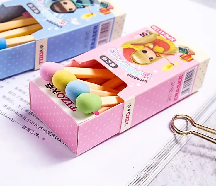 8 шт./упак. Kawaii для девочек спички коробка Цветной каучуковый карандаш Ластики для детей студентов подарок школьные канцелярские принадлежности