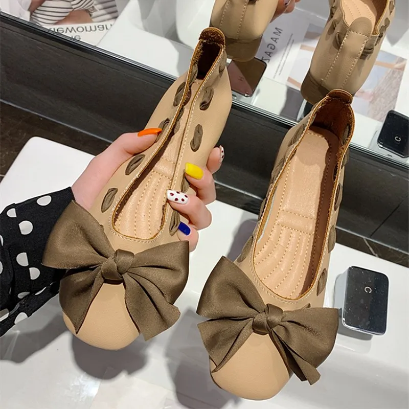 

EOEODOIT Women Low Heel Shoes Square Toe Slip On Office Lady Comfort Sweet Knot Work Shoes Leather Pumps For Spring Autumn