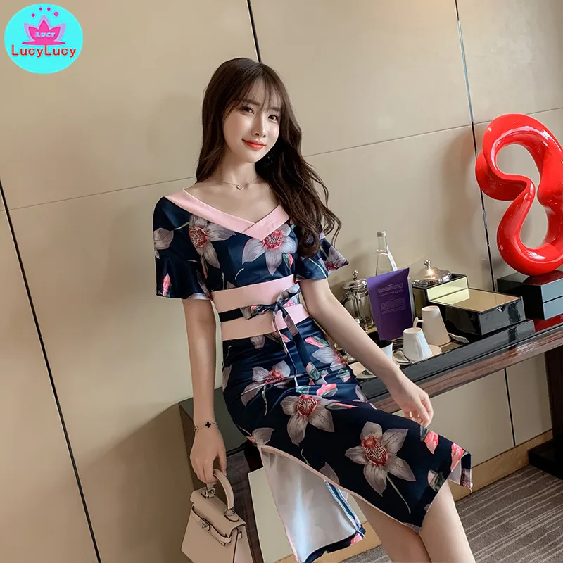 

2019 new literary retro V-neck print color matching modified kimono dress V-Neck Natural Zippers