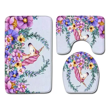 

3 pieces/Set Cartoon Unicorn Pattern Waterproof Bath Mat Contour Pedestal Rug Lid Toilet Cover Carpet Bathroom Set