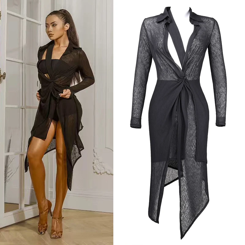 

Latin Dance Dress Adult Black Mesh Latin Shirts Practice Clothes Latin Shirt Ballroom Latin Dance Competition Dresses DQS2920