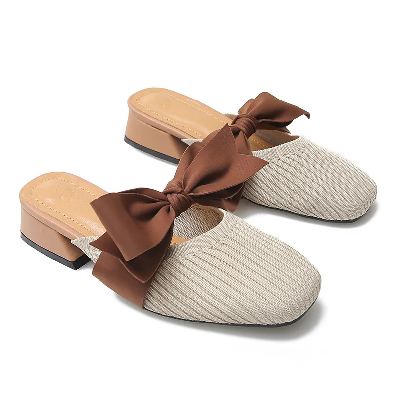 knitting square close chunky mules slides trendy casual bow-knot shallow slingback loafers breathable fly weave slippers autumn