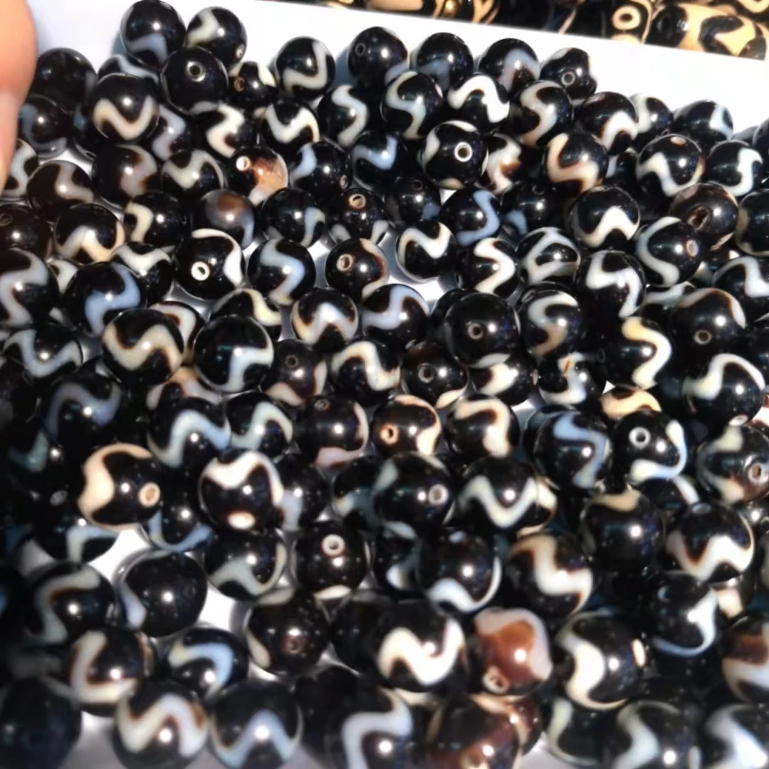 

17pcs/lot beautiful black background color porcelain white flesh line round agate dzi beads Dzi Tiger Tooth Precious unique gem