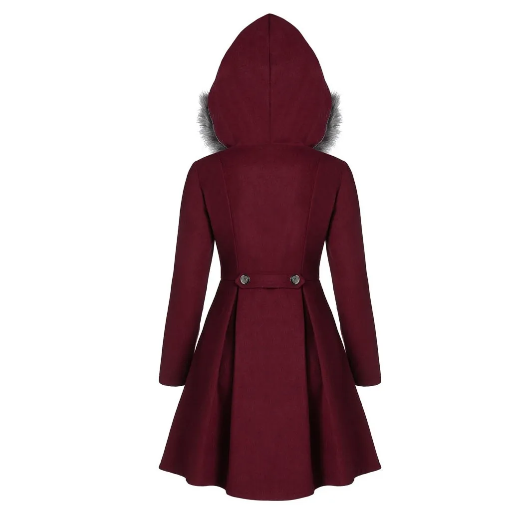 Женское шерстяное пальто модное одноцветное цвет размера плюс с длинным рукавом двубортное меховое с капюшоном зимнее теплое длинное пальто