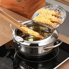 

Kitchen Deep Frying Pot Thermometre Tempura Fryer Pan Temperature Control Fried Chicken Pot Cooking Tools Stainless Steel