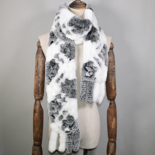 Длинный стильный женский зимний настоящий шарф из меха кролика рекс натуральный шарф из меха кролика рекс s брендовый вязаный шарф из меха кролика рекс - Цвет: gray and white