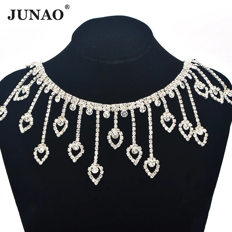 JUNAO 45 см/Лот, Серебряные стразы, бахрома, отделка, прозрачное стекло, стразы, чашка, цепь, швейные камни, аппликация для украшения платья - Цвет: Heart Fringe