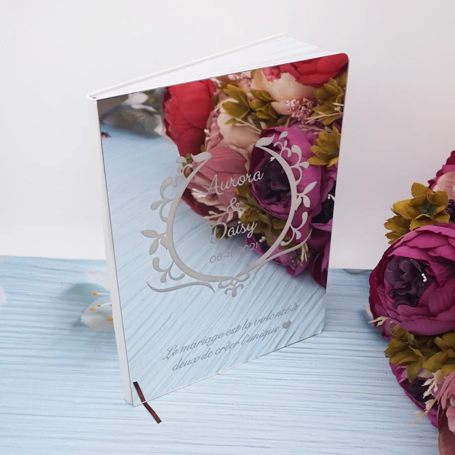 Acrylic Mirror Cover Flowers Design Guest Book Unique Bride & Groom Memory Album,Wedding Party Decoration Newlyweds Gift