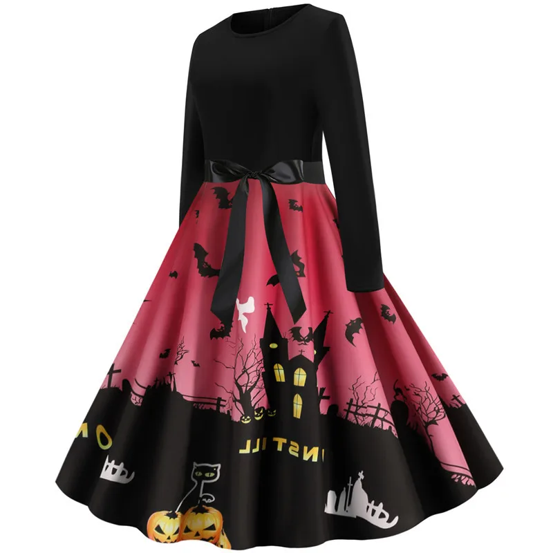 Junxi Wan/повседневное винтажное платье с длинными рукавами и принтом тыквы на Хэллоуин зимние черные элегантные вечерние платья в стиле пэчворк